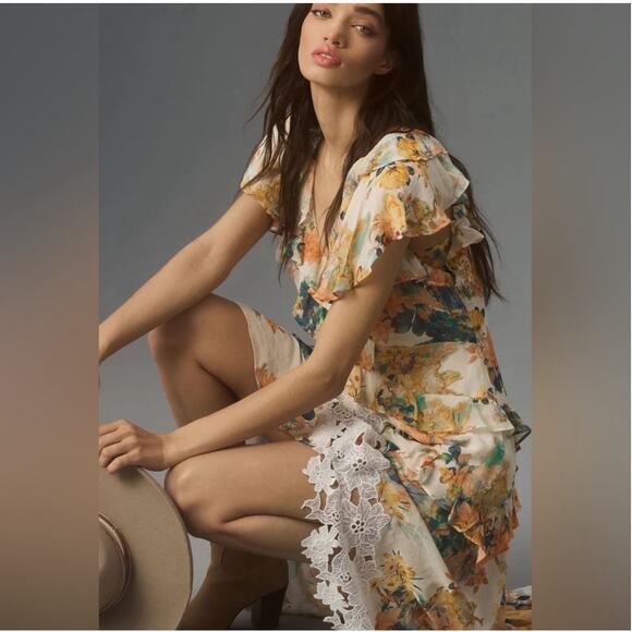 Anthropologie Petites V-Neck Ruffle Lace Midi Dress Size 2P Ivory Bohemian NWT - Picture 3 of 16